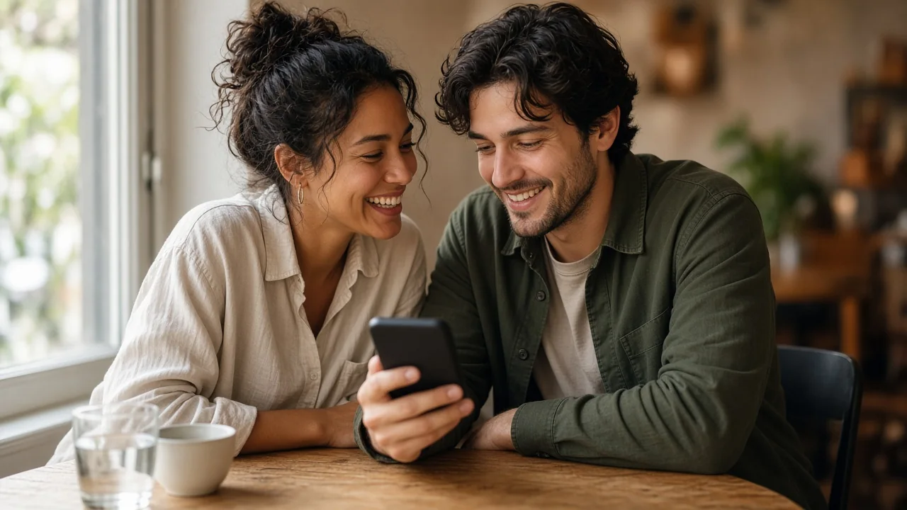 Diverse adult couple smiling at a smartphone together in a bright cafe