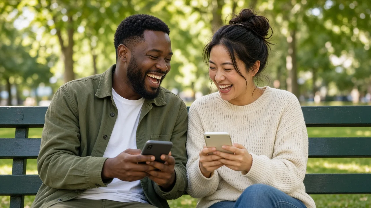 Adult couple relaxing together in a green park